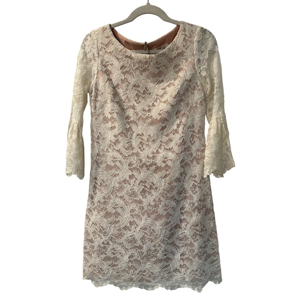 Elisa J Ivory Lace Overlay Dress With 3/4 Bell Sleeves & Back Zipper Womens Size